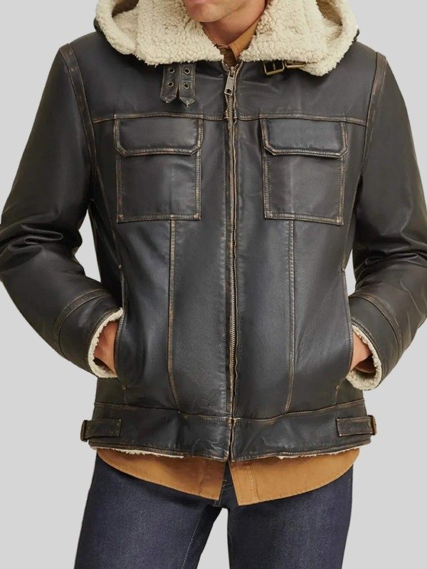 Mens Classic Shearling Hooded Leather Aviator Jacket Mens Classic Shearling Hooded Leather Aviator Jacket