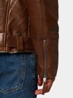 Mens Classic Tan Brown Leather Biker Fur Collar Jacket