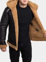 Mens Dark Brown Leather Shearling Hooded Aviator Jacket