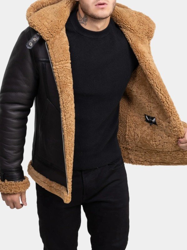 Mens Dark Brown Leather Shearling Hooded Aviator Jacket Mens Dark Brown Leather Shearling Hooded Aviator Jacket