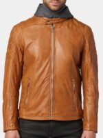 Men's Hooded Tan Leather Biker Jacket