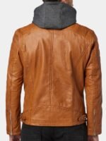 Men's Hooded Tan Leather Biker Jacket Men