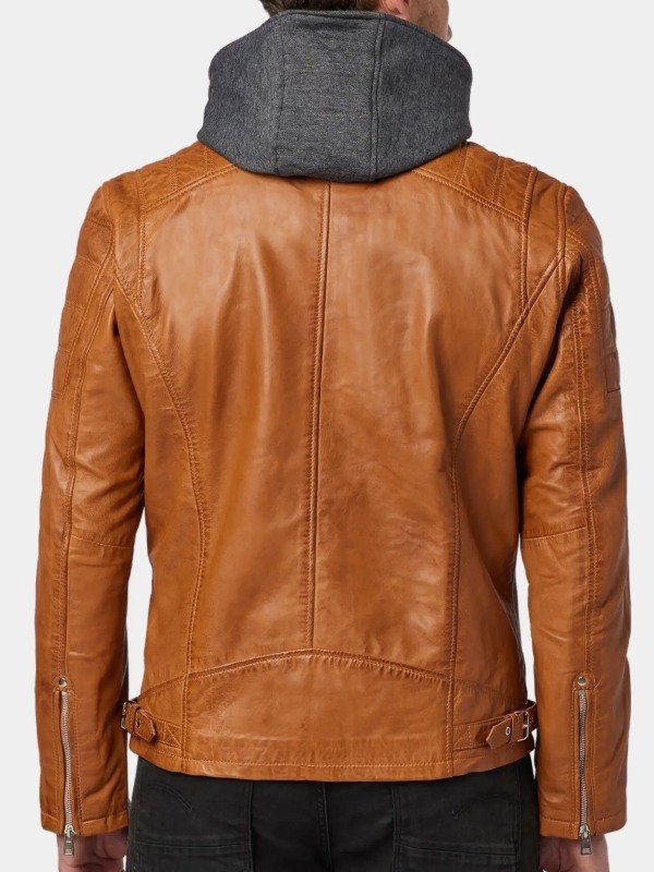 Men's Hooded Tan Leather Biker Jacket Men