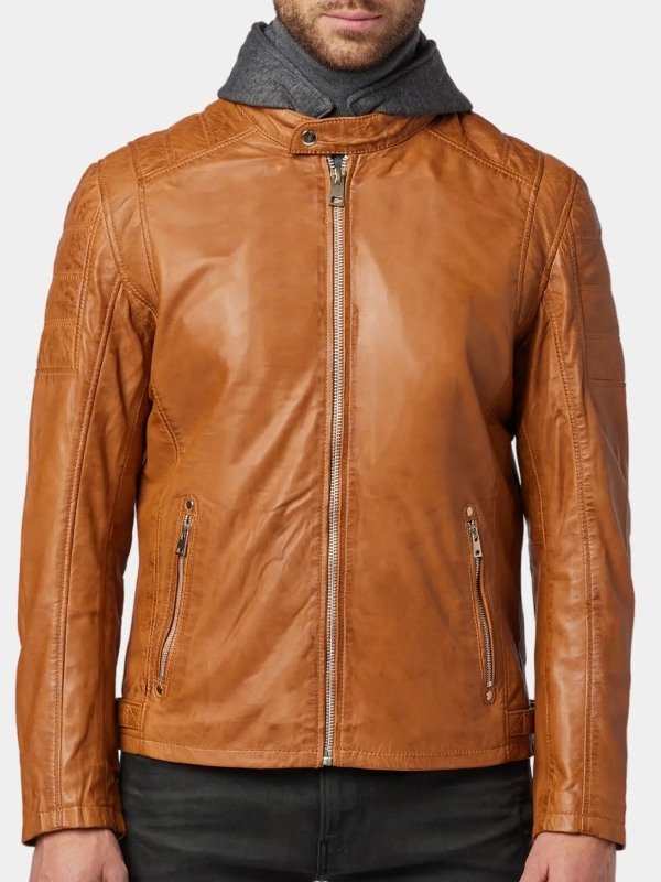 Men's Hooded Tan Leather Biker Jacket