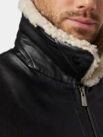 Mens John Black Leather Bomber Jacket With Shearling Collar