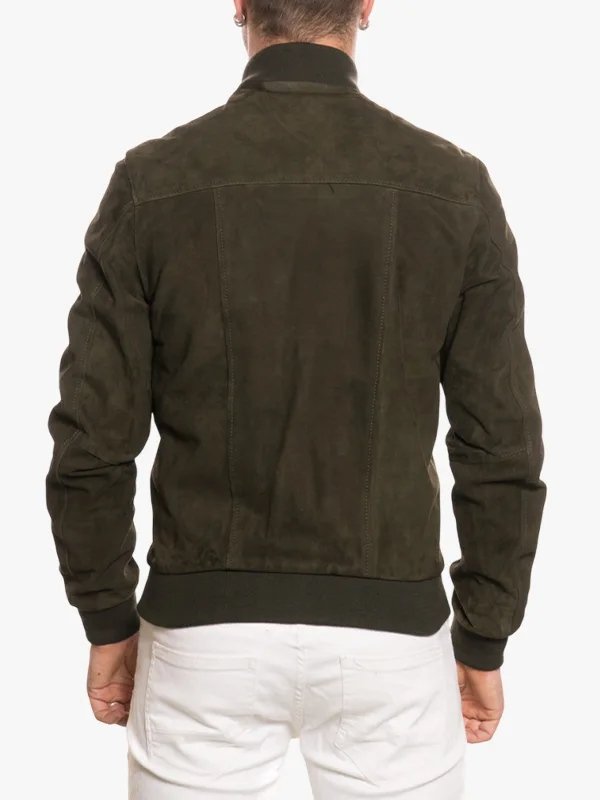 Mens Olive Green Suede Bomber Jacket In Green Leather