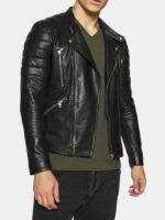 Padded Shoulder Black Biker Leather Jacket
