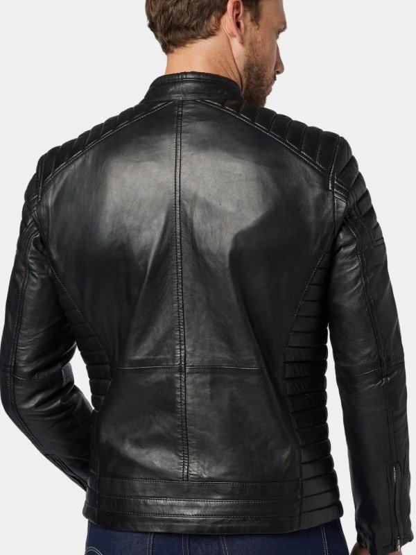 Padded Shoulder Leather Cafe Racer Jacket Black