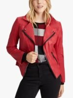 Red Zipper-Trim Women Biker Jacket