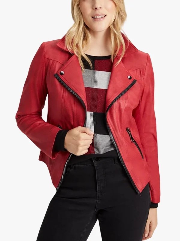 Red Zipper-Trim Women Biker Jacket