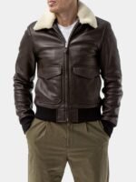 Shearling Collar Brown Leather Bomber Jacket