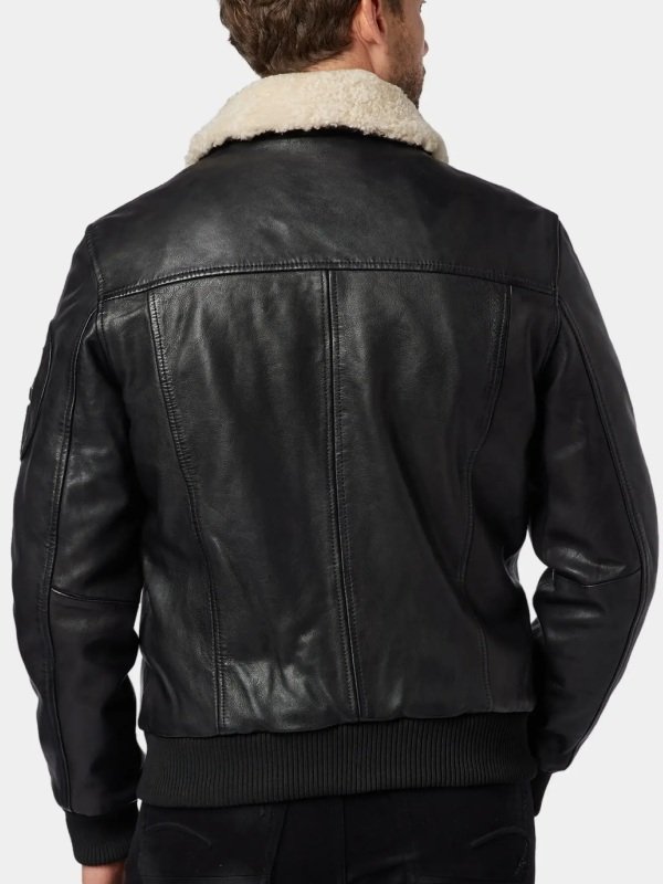 Shearling Collar Leather Bomber Jacket Black