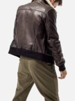 Shearling Collar Leather Bomber Jacket Brown