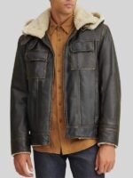 Shearling Hooded Black Leather Aviator Jacket