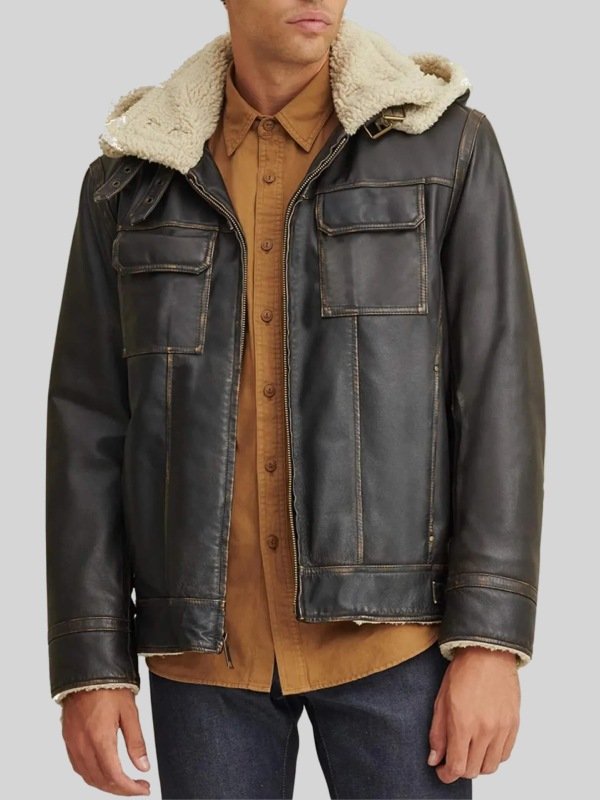 Shearling Hooded Black Leather Aviator Jacket