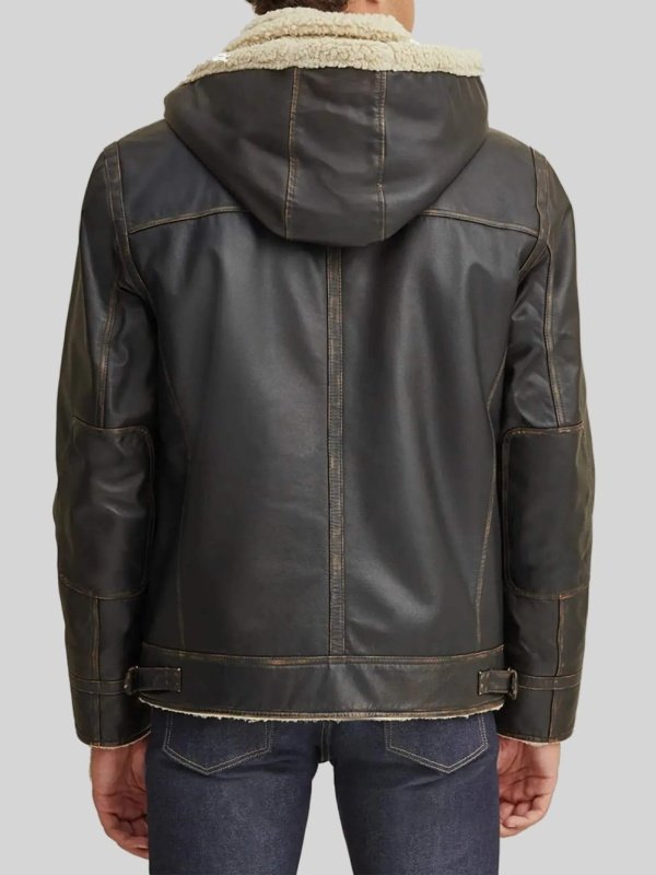 Shearling Hooded Black Leather Jacket Aviator