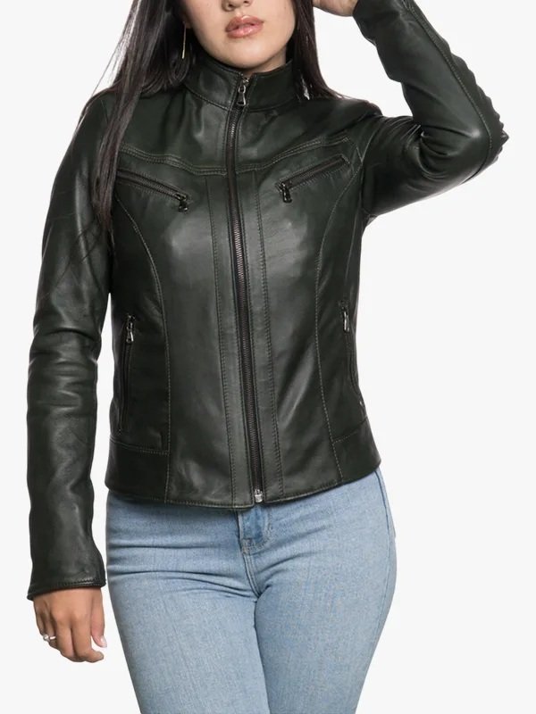 Shop Women Dark Green Cafe Racer Jacket Shop Women Dark Green Cafe Racer Jacket