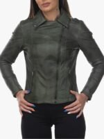 Shop Women Green Leather Biker Jacket