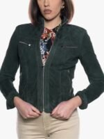 Shop Women Green Suede Cafe Racer Jacket