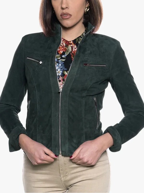 Shop Women Green Suede Cafe Racer Jacket Shop Women Green Suede Cafe Racer Jacket
