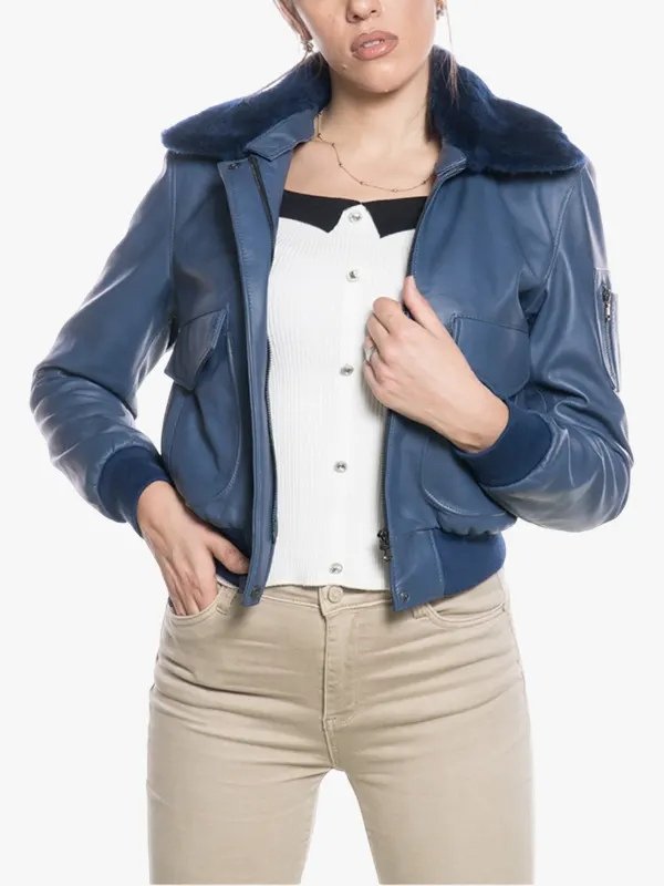 Shop Women Pilot Style Blue Bomber Jacket Shop Women Pilot Style Blue Bomber Jacket