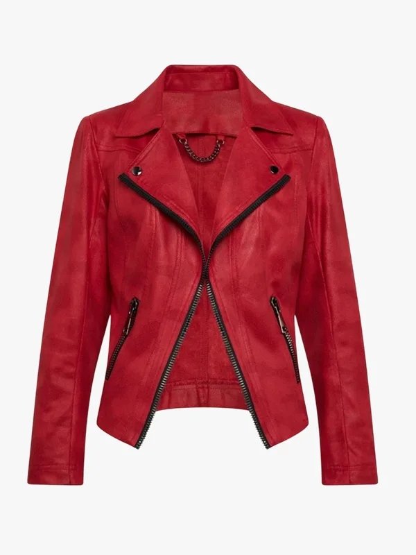 Shop Zipper-Trim Women Biker Red Jacket in Leather Shop Zipper-Trim Women Biker Red Jacket in Leather