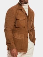 Suede Leather Pockets Blazer Coat Brown