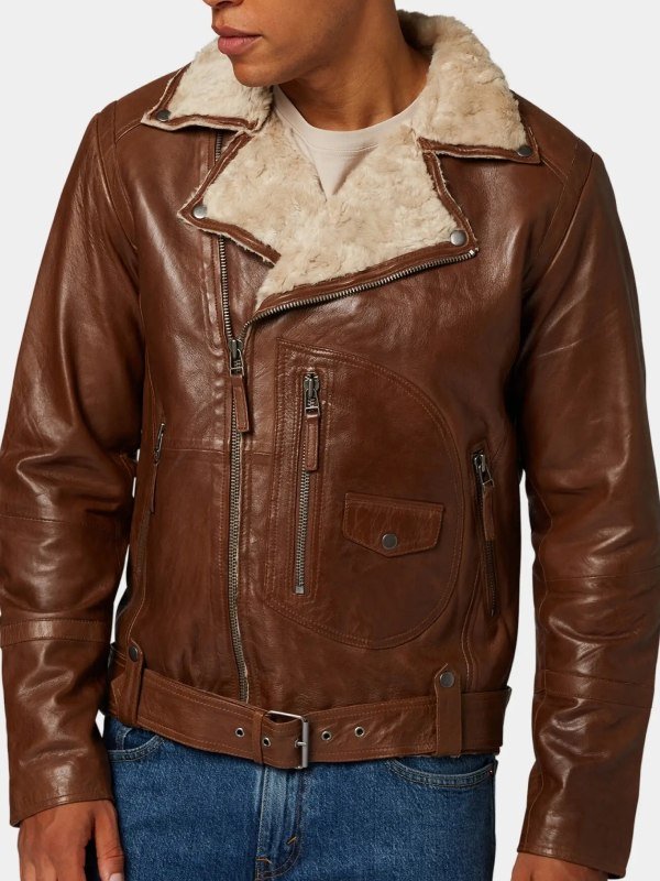 Tan Brown Leather Biker Jacket With Fur Collar
