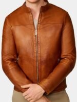 Tan Brown Leather Bomber Jacket