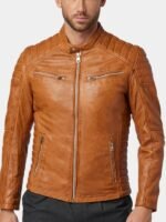 Tan Brown Leather Cafe Racer Jacket