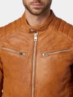 Tan Brown Leather Cafe Racer Jacket For Men