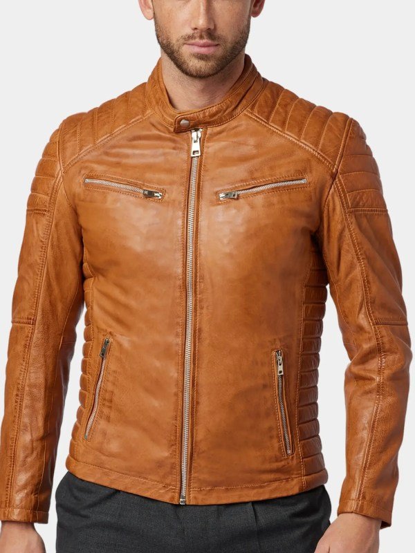 Tan Brown Leather Cafe Racer Jacket