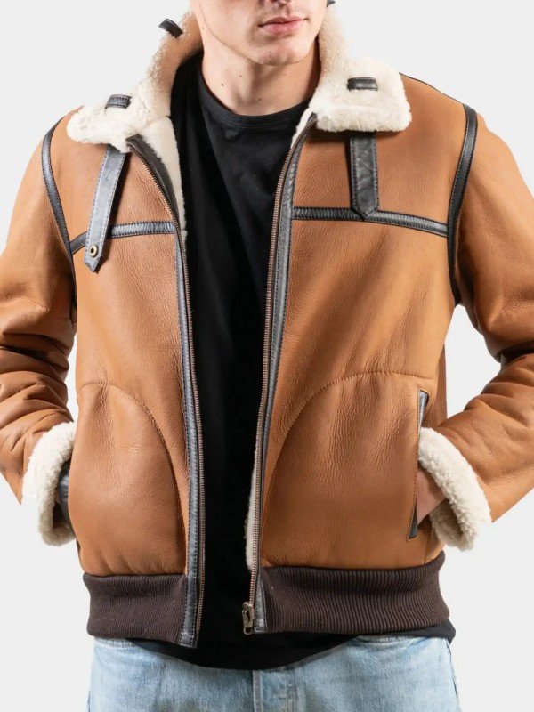 Tan Brown Leather Shearling Aviator Jacket For Men Tan Brown Leather Shearling Aviator Jacket For Men