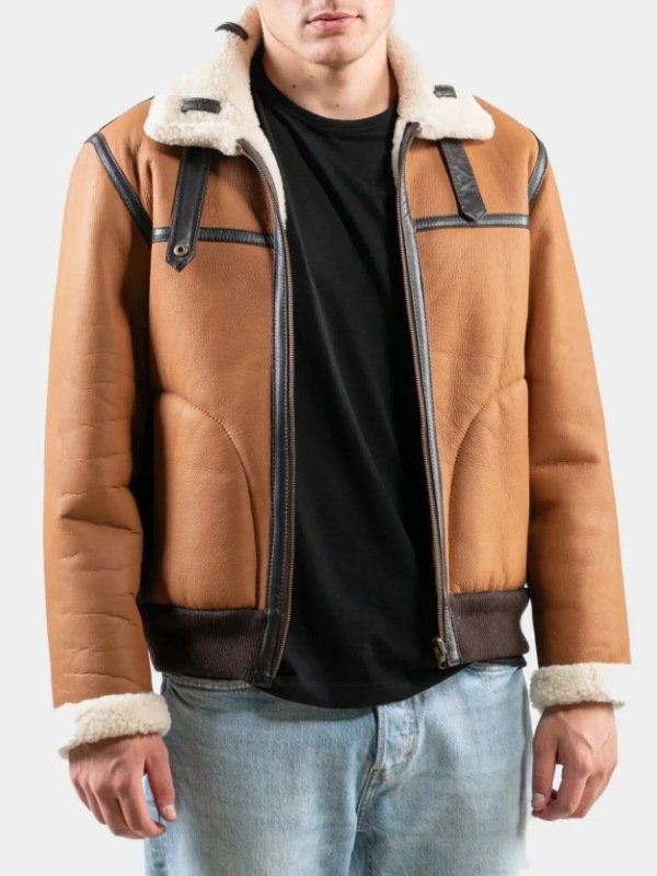 Tan Brown Leather Shearling Aviator Jacket