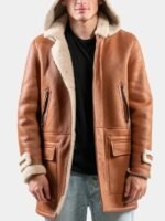 Tan Leather Hooded Shearling Coat