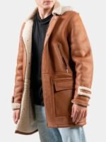 Tan Leather Hooded Shearling Trench Coat For Men