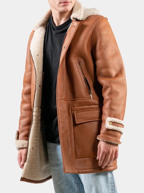 Tan Leather Hooded Shearling Trench Coat For Men Tan Leather Hooded Shearling Trench Coat For Men
