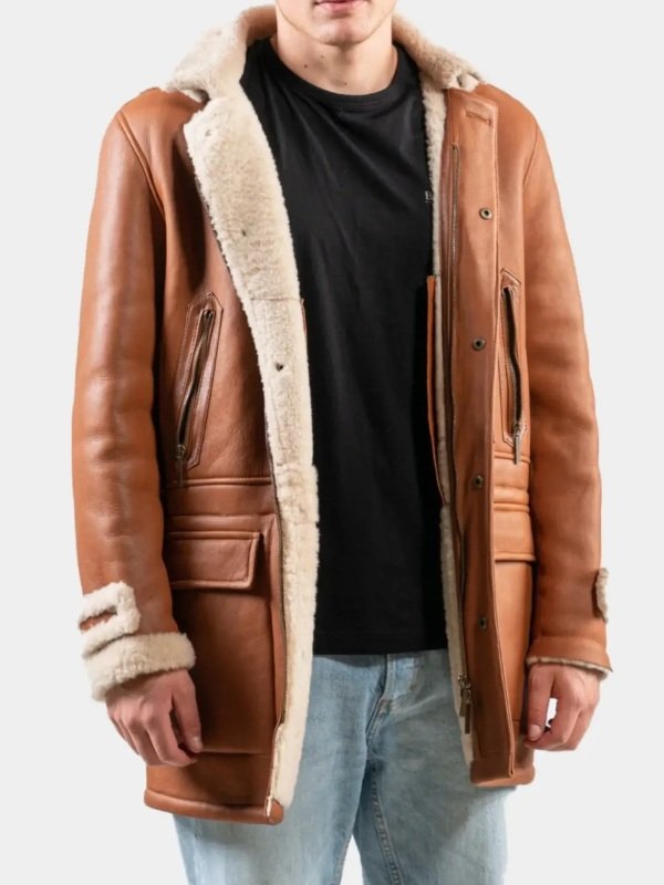 Tan Leather Hooded Shearling Trench Coat