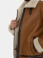 Tan Leather Shearling Aviator Jacket For Men