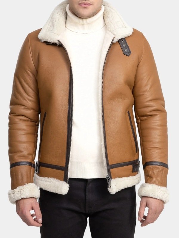 Tan Leather Shearling Aviator Jacket