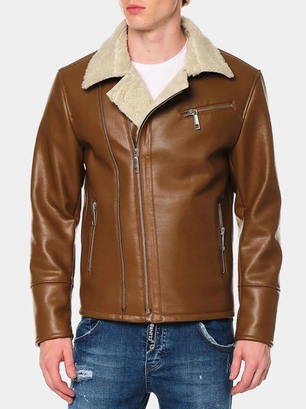Tan Leather Shearling Biker Jacket