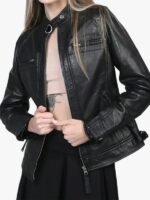 Women Black Cafe Racer Jacket on sale