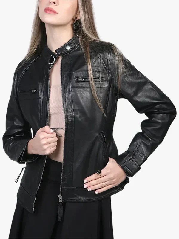 Women Black Cafe Racer Leather Jacket Women Black Cafe Racer Leather Jacket