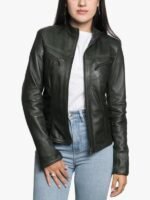 Women Dark Green Cafe Racer Jacket