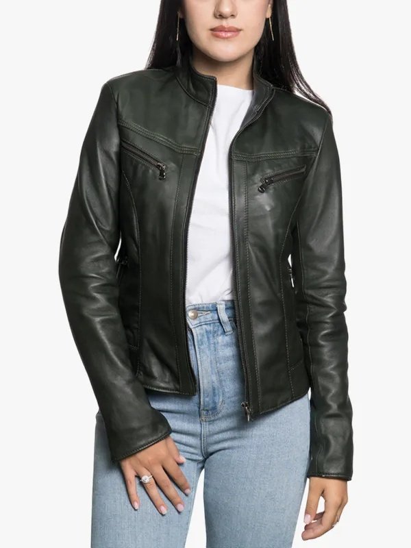 Women Dark Green Cafe Racer Jacket Women Dark Green Cafe Racer Jacket
