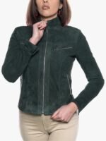 Women Green Suede Cafe Racer Jacket