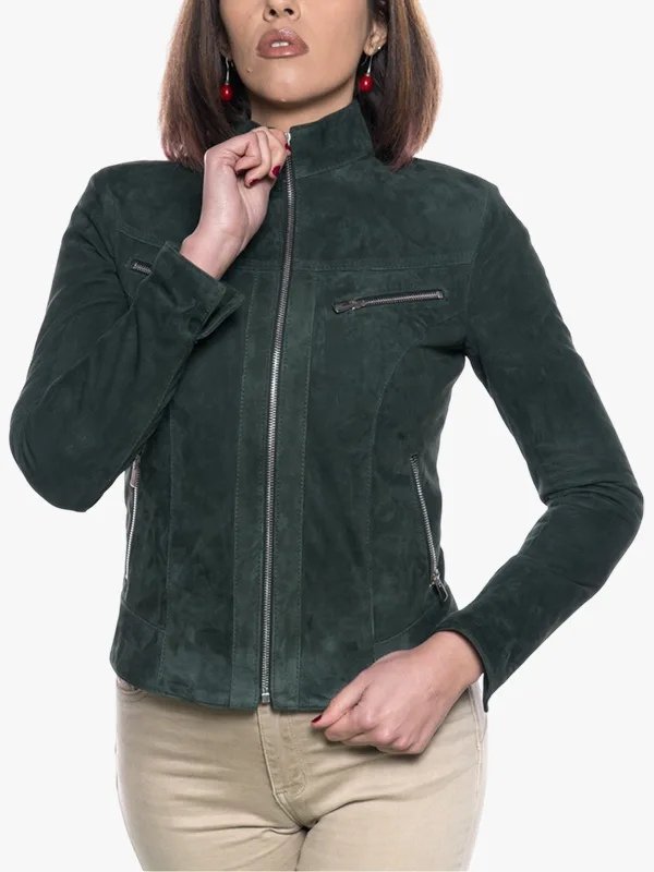 Women Green Suede Cafe Racer Jacket Women Green Suede Cafe Racer Jacket