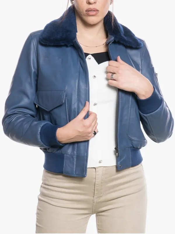 Women Pilot Style Blue Bomber Jacket Women Pilot Style Blue Bomber Jacket