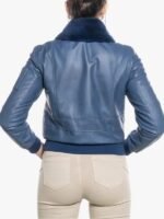 Women Pilot Style Blue Shearling Collar Bomber Jacket