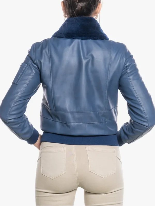 Women Pilot Style Blue Shearling Collar Bomber Jacket Women Pilot Style Blue Shearling Collar Bomber Jacket